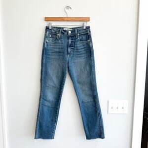 AMO High Rise Straight Leg Raw Hemline Ankle Jeans Blue 27